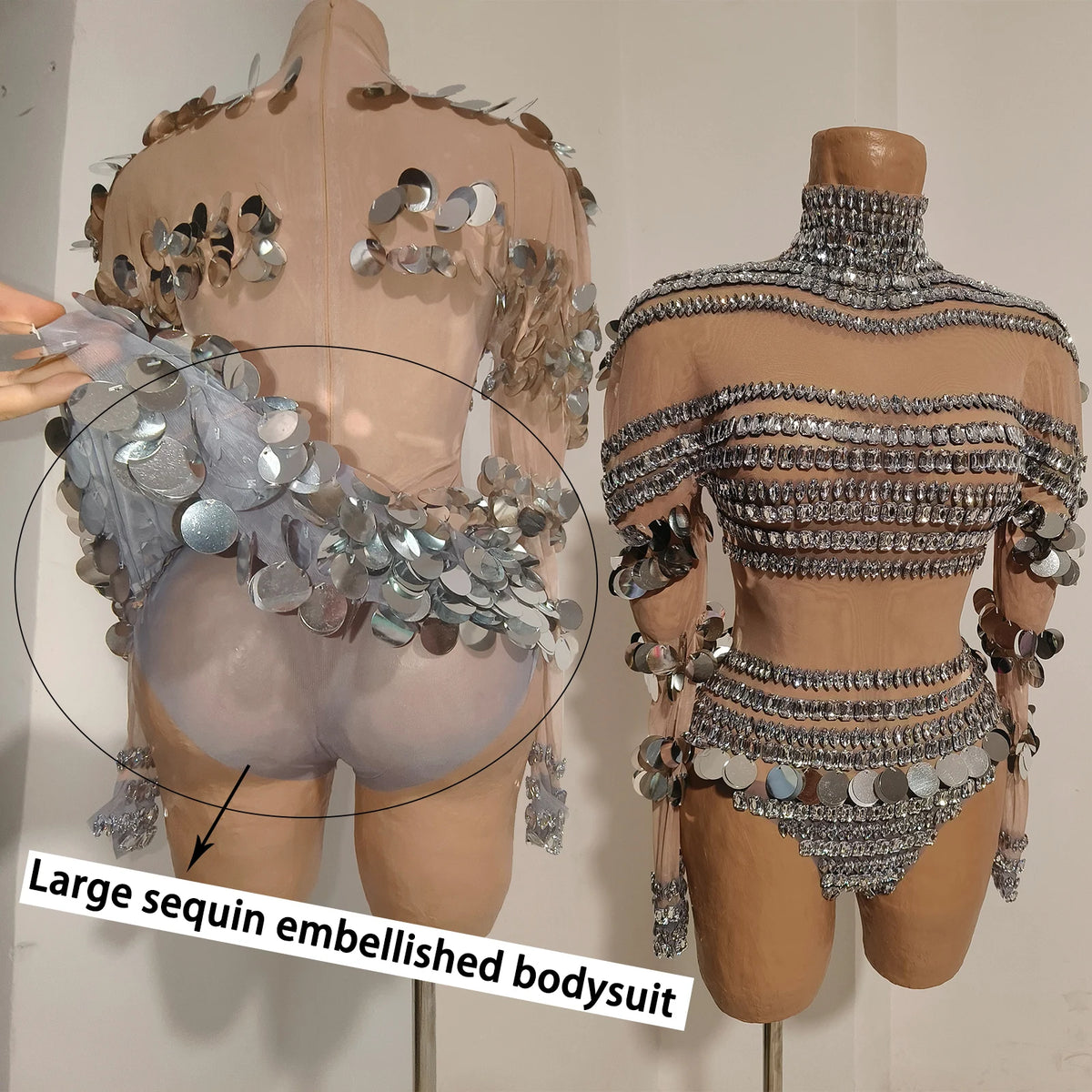 Silver Rhinestone Sequin Dance Set Women Sexy Bodysuit Gogo Latin Pole Dancing Stage Performance Wear Nightclub Drag Queen Show
