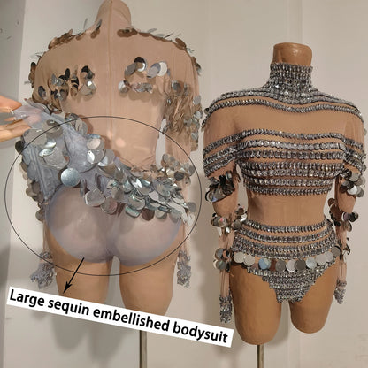 Silver Rhinestone Sequin Dance Set Women Sexy Bodysuit Gogo Latin Pole Dancing Stage Performance Wear Nightclub Drag Queen Show
