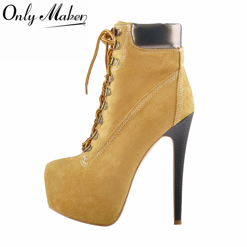 Onlymaker Women Lace-Up Ankle Boots Shoes 16cm High Thin Heel 4cm Platform Fashion Heels Boots Plus Size 35-46