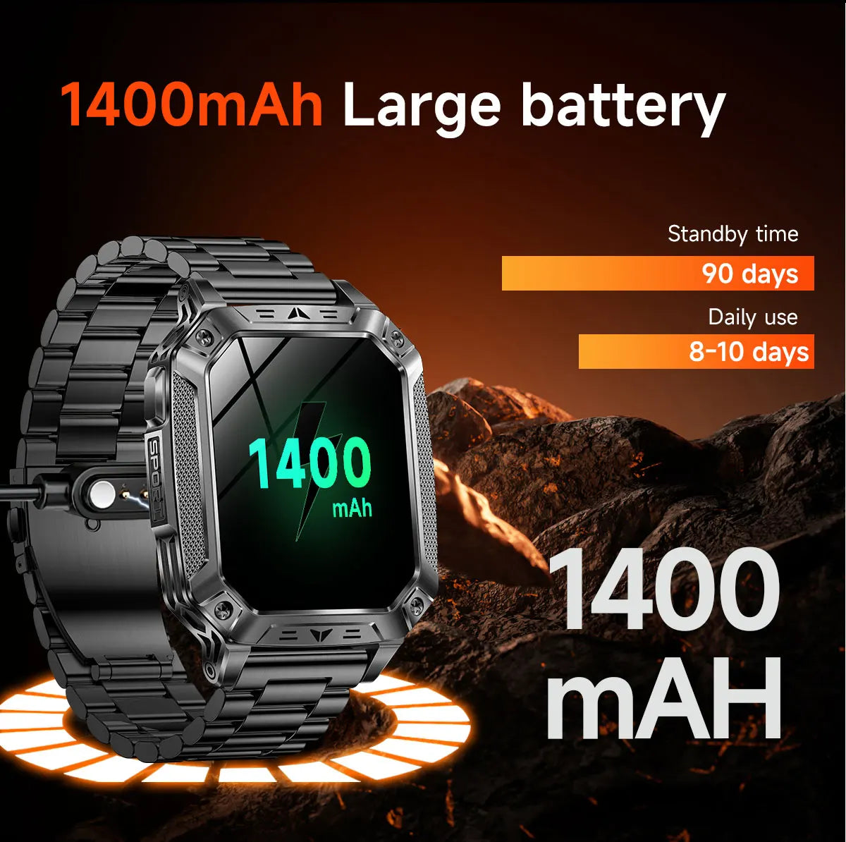 2026 New Military Grade 1400mAh Sports Smart Watch 10ATM Waterproof Flashlight Heart Rate Bluetooth Call Outdoor Smartwatch Men