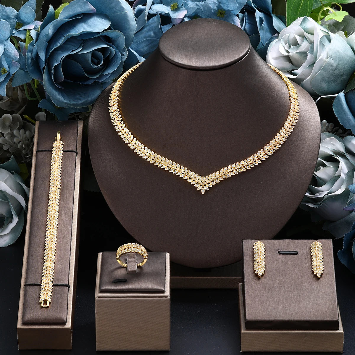 Fashion Gold Plated Dubai Jewelry Set For Women Party Gift Simply UAE Wedding Bridal 4PCS Jewelry Cubic Zirconia