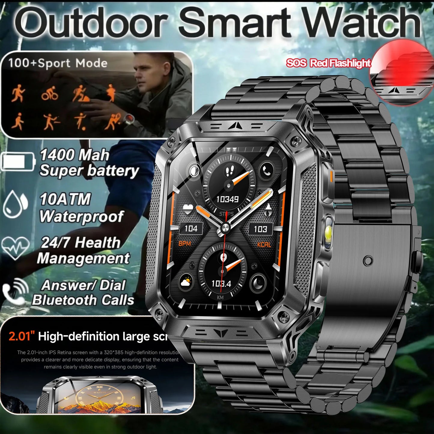 2026 New Military Grade 1400mAh Sports Smart Watch 10ATM Waterproof Flashlight Heart Rate Bluetooth Call Outdoor Smartwatch Men