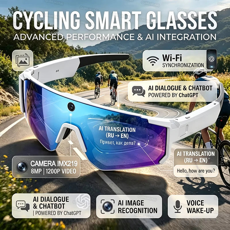 AI Sport Smart Glasses with Camera 4K 60FPS Anti-Shake POV Video Open-Ear Audio Voice Assistant Cycling Sunglasses for Men Women