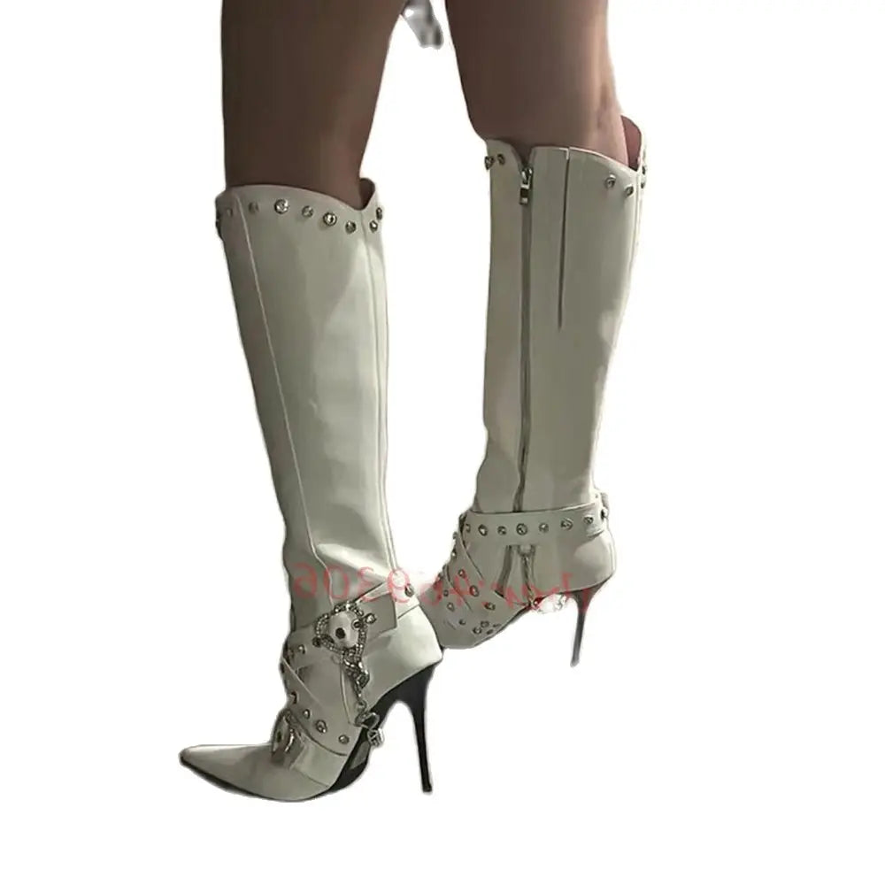 Pointy Hottie Biker Long Boots Women Sexy Crystal Rivets Belt Buckle Stiletto Heels White Boots Winter Outfit Fashion Lady Shoes