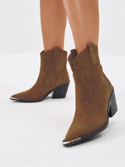GMQM 2025 Women's Comfort Ankle Booties Brown Cowboy Western Boots Metal Heels Block Wide Calf Pointed Toe Slip On Casual Shoes