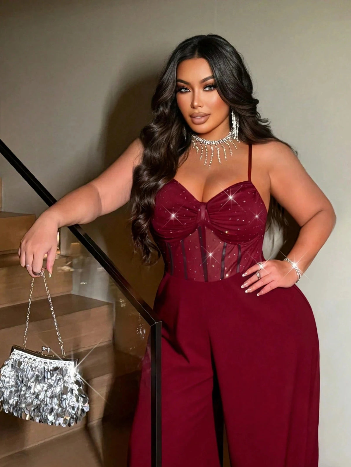 Plus-size women's sexy wide-leg jumpsuit, a stylish backless jumpsuit with shimmering stretch mesh, suitable for dates, parties