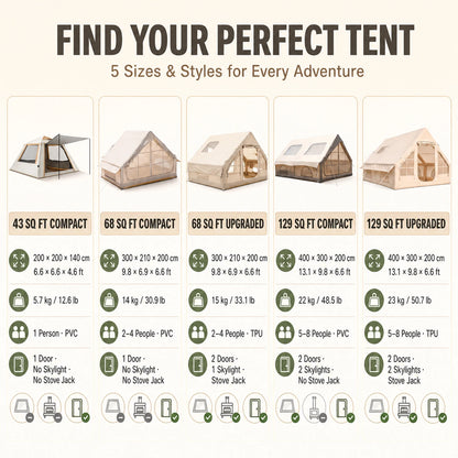 Large Luxury Inflatable Glamping Tent with Manual Hand Pump and Storage Bag, Easy Setup 4-Season Weatherproof Anti-Snow Family Air Tent for Outdoor Camping, Hiking, Backyard Parties and Wilderness Adventures