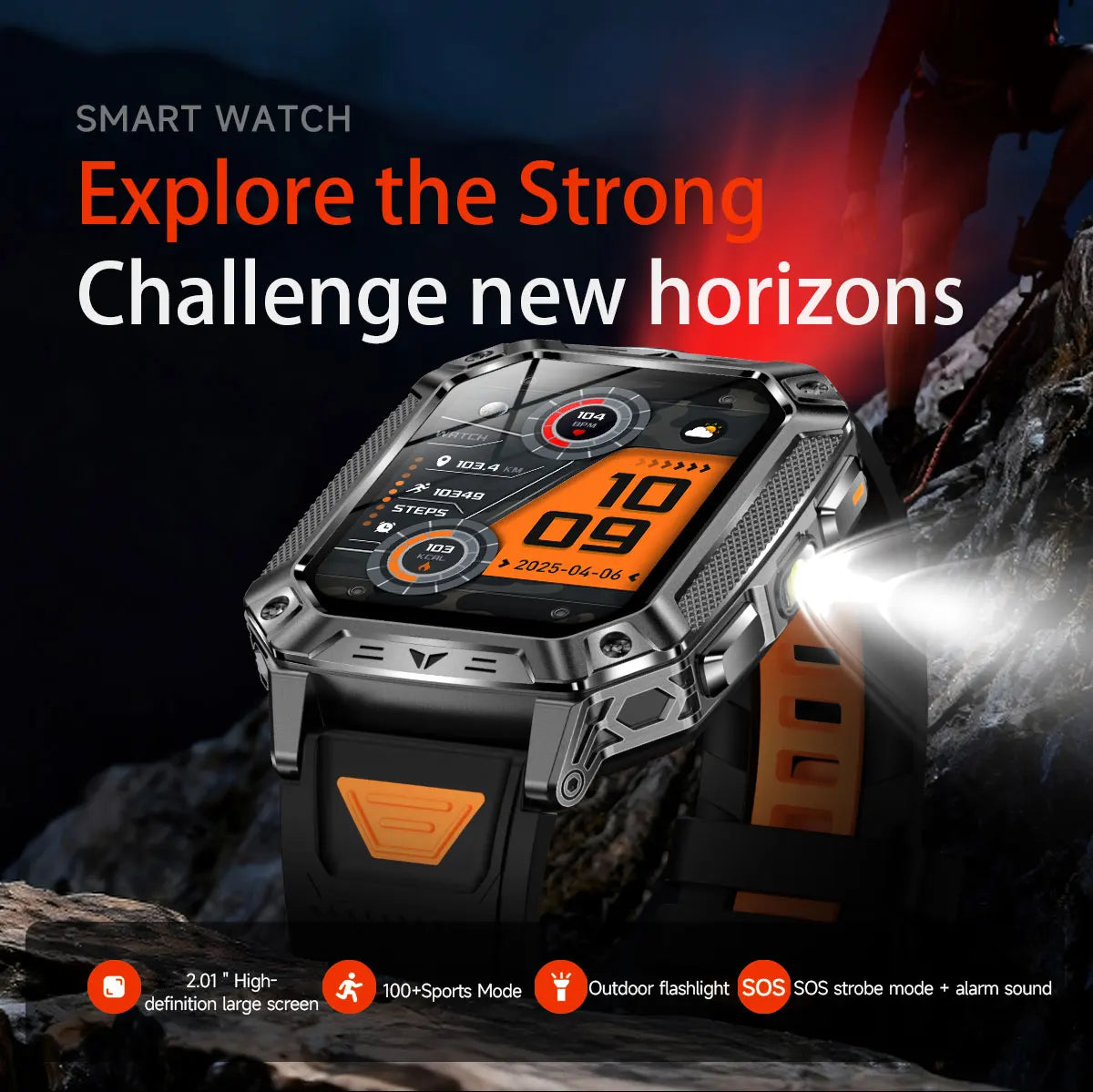 2026 New Military Grade 1400mAh Sports Smart Watch 10ATM Waterproof Flashlight Heart Rate Bluetooth Call Outdoor Smartwatch Men