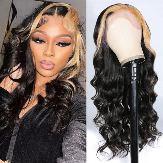 Highlight 13x6 HD Transparent Lace Frontal Wigs Human Hair Wig  For Black Women Brazilian Black With Honey Blonde Human Hair Wig
