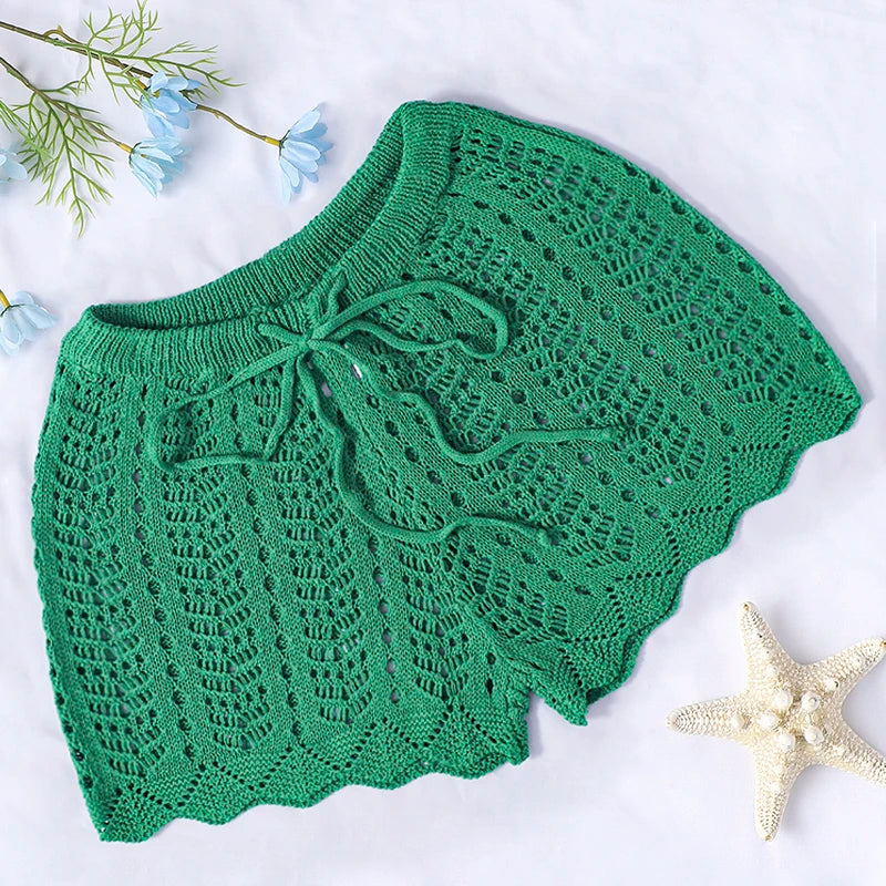 Swim Vacation Beach Plain Color Hollow-Out Knit Cover-Up Shorts, For Summer