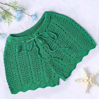 Swim Vacation Beach Plain Color Hollow-Out Knit Cover-Up Shorts, For Summer