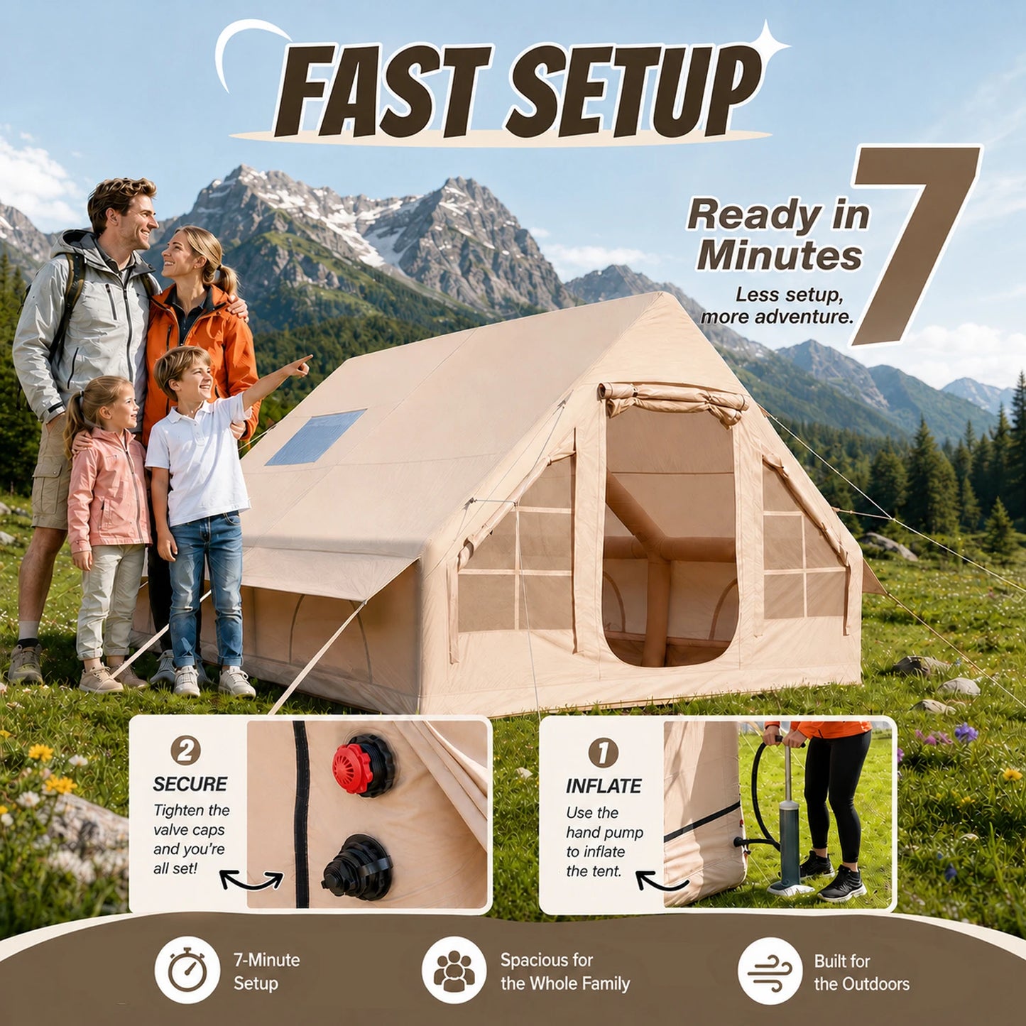 Large Luxury Inflatable Glamping Tent with Manual Hand Pump and Storage Bag, Easy Setup 4-Season Weatherproof Anti-Snow Family Air Tent for Outdoor Camping, Hiking, Backyard Parties and Wilderness Adventures