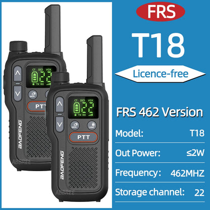 2pcs Baofeng T18 Mini Walkie Talkie Long Range PMR FRS Rechargable Portable Two Way Radio Type-C Charger VOX for Camping Trip