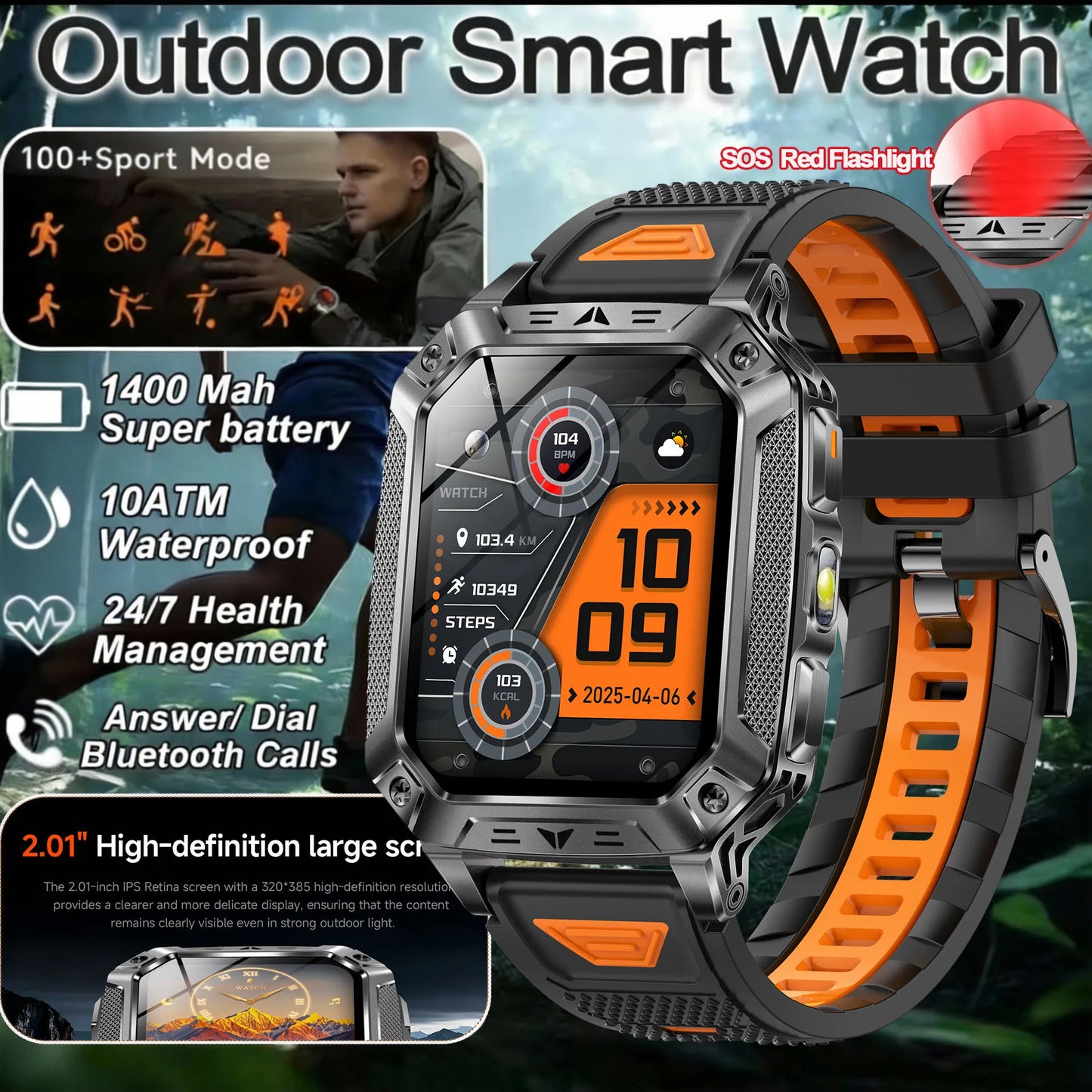 2026 New Military Grade 1400mAh Sports Smart Watch 10ATM Waterproof Flashlight Heart Rate Bluetooth Call Outdoor Smartwatch Men