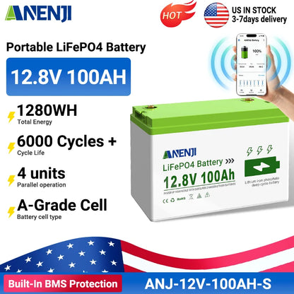 ANENJI 12V 100Ah Li Rechargeable Battery Pack LiFePO4 Built-in BMS 6000 Cycles For Solar Inverter Outdoor RV Camp Power Station