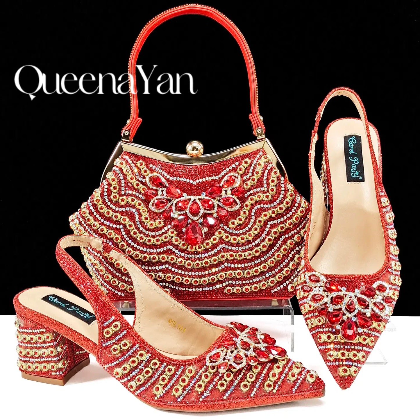 QUEENA Yan  Dazzling Dreams: Full Rhinestone High Heels and Coordinated Bag for Timeless Style
