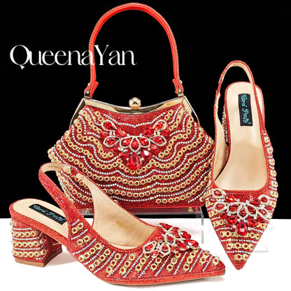 QUEENA Yan  Dazzling Dreams: Full Rhinestone High Heels and Coordinated Bag for Timeless Style