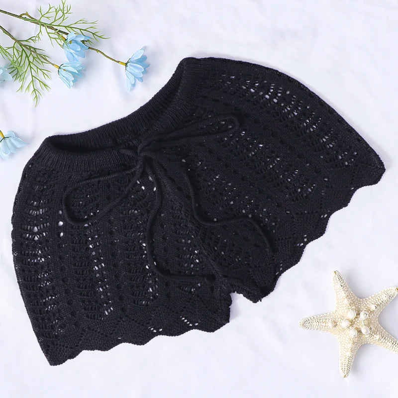 Swim Vacation Beach Plain Color Hollow-Out Knit Cover-Up Shorts, For Summer