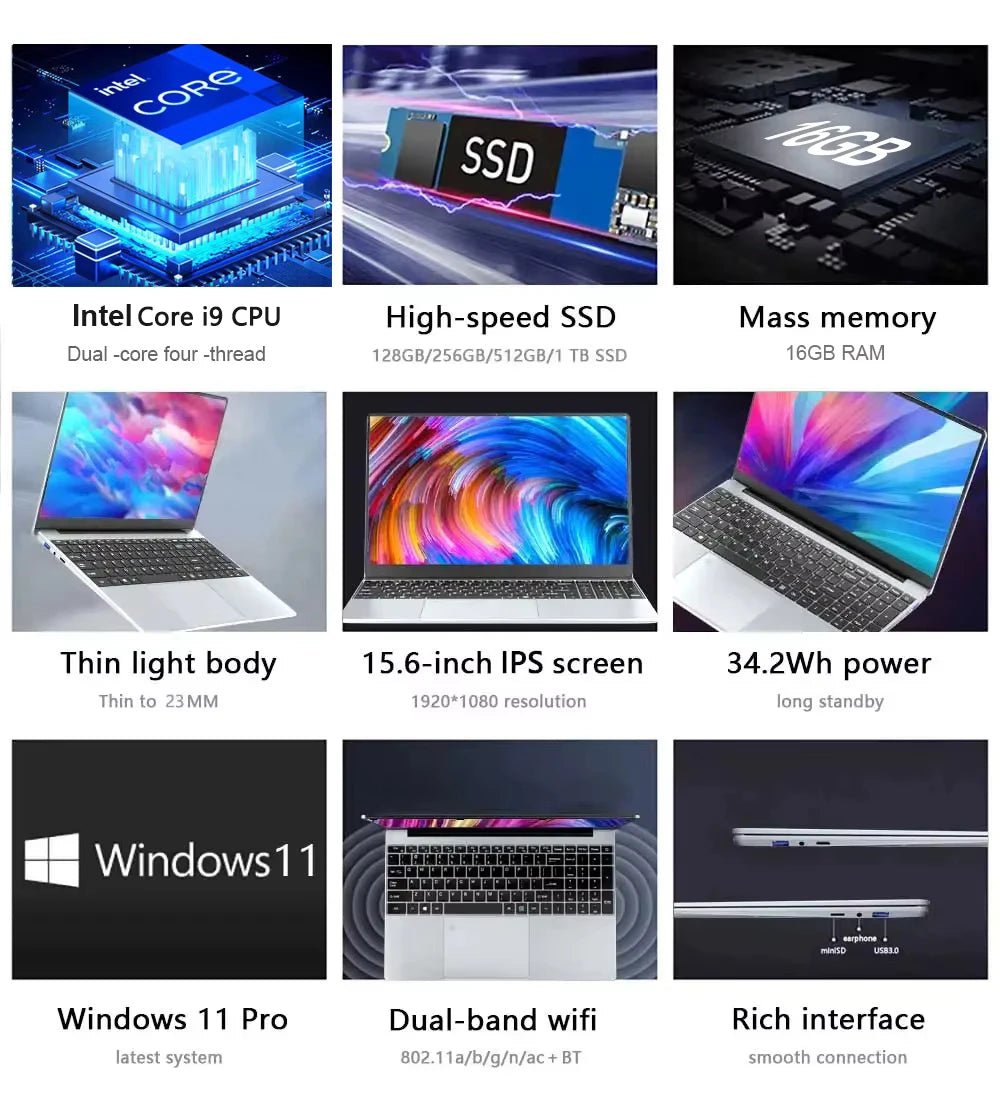 Windows 11 15.6" Ultra Slim Portable Laptop intel Core  i9-9900U 16GB RAM 1TB 2TB SSD Fingerprint Office Gaming Laptop PC