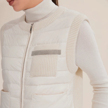 BD3521201 Goose Down Puffer Vest for Women 100% Cashmere Lightweight Warm Knit Panel Design Luxury