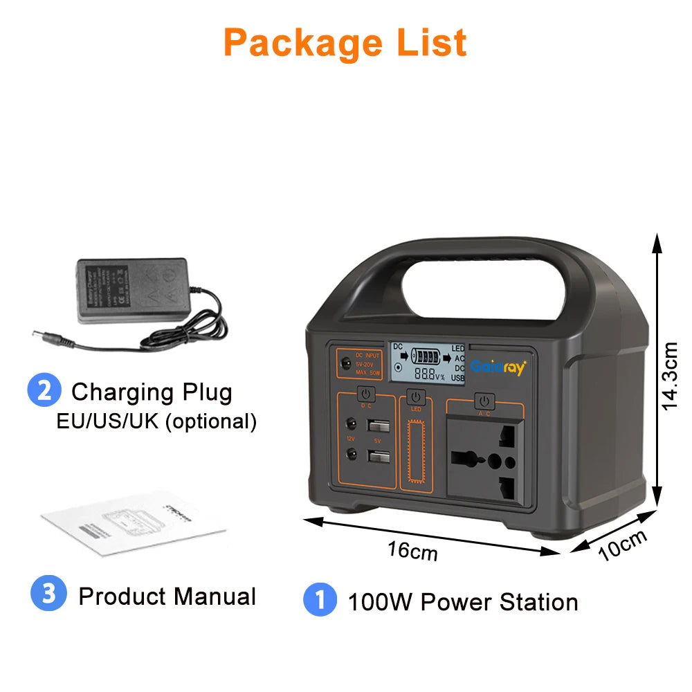 Gaiaray 100W Portable Power Station Solar Generator AC 220V 110V Emergency Power Plant LiFePO4 Charging Station 15W Solar Panel