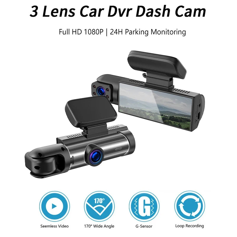 ZNLYRION Monitor Car Driving Recorder M8 Full HD 1080P Car Dashcam Front+Interior+Rear Camera 130° Wide Angle Night Vision G-Sensor Parking
