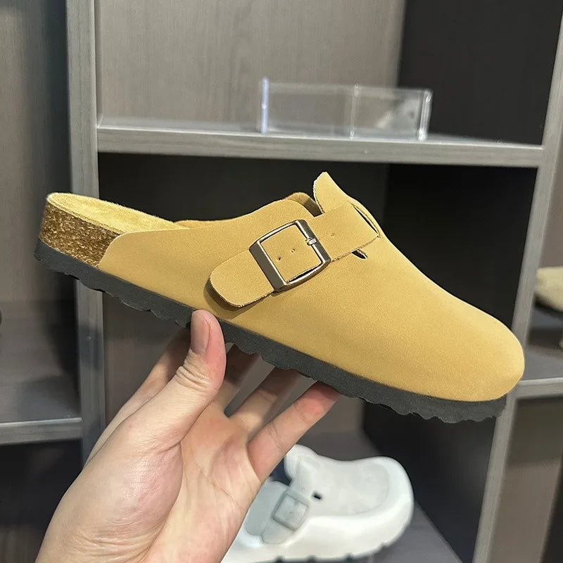 Women Men Suede Leather Clogs Adjustable Buckle Cork Footbed Non-slip Casual Mules Slippers