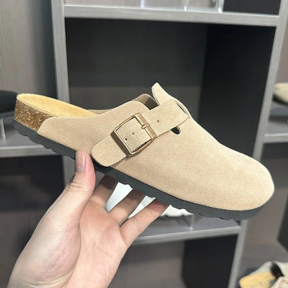 Women Men Suede Leather Clogs Adjustable Buckle Cork Footbed Non-slip Casual Mules Slippers