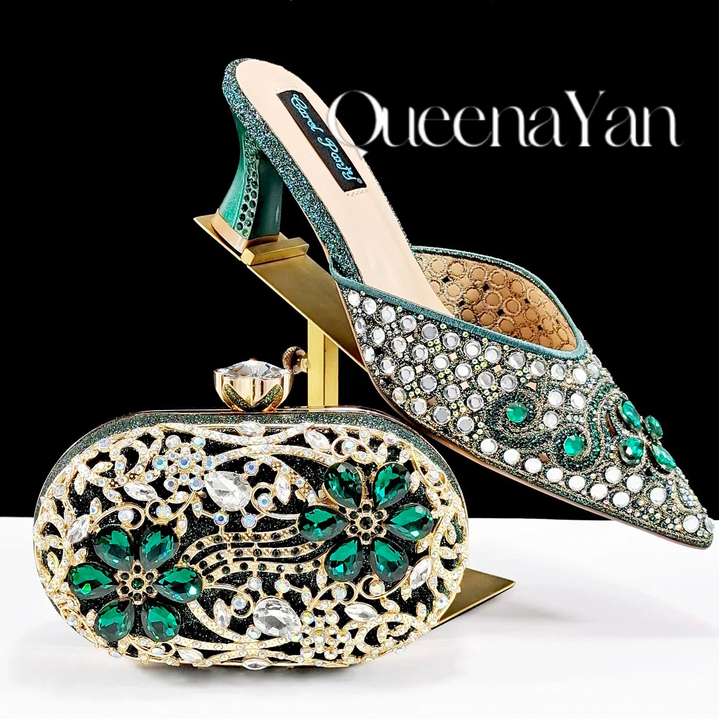 QUEENA YAN Luxury Pink Rhinestone Party Shoes and Clutch for Women- Elegant Crystal Heels with Matching Evening Bag