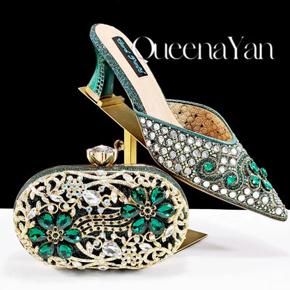 QUEENA YAN Luxury Pink Rhinestone Party Shoes and Clutch for Women- Elegant Crystal Heels with Matching Evening Bag