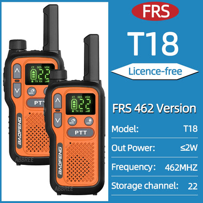 2pcs Baofeng T18 Mini Walkie Talkie Long Range PMR FRS Rechargable Portable Two Way Radio Type-C Charger VOX for Camping Trip