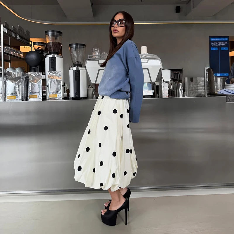 Polka Dot Bubble Skirt Women Summer Elegant Balloon Midi Skirts Vintage high Waist Flattery Puff Vacation Party Long Skirt
