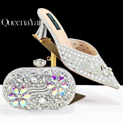 QUEENA YAN Luxury Pink Rhinestone Party Shoes and Clutch for Women- Elegant Crystal Heels with Matching Evening Bag