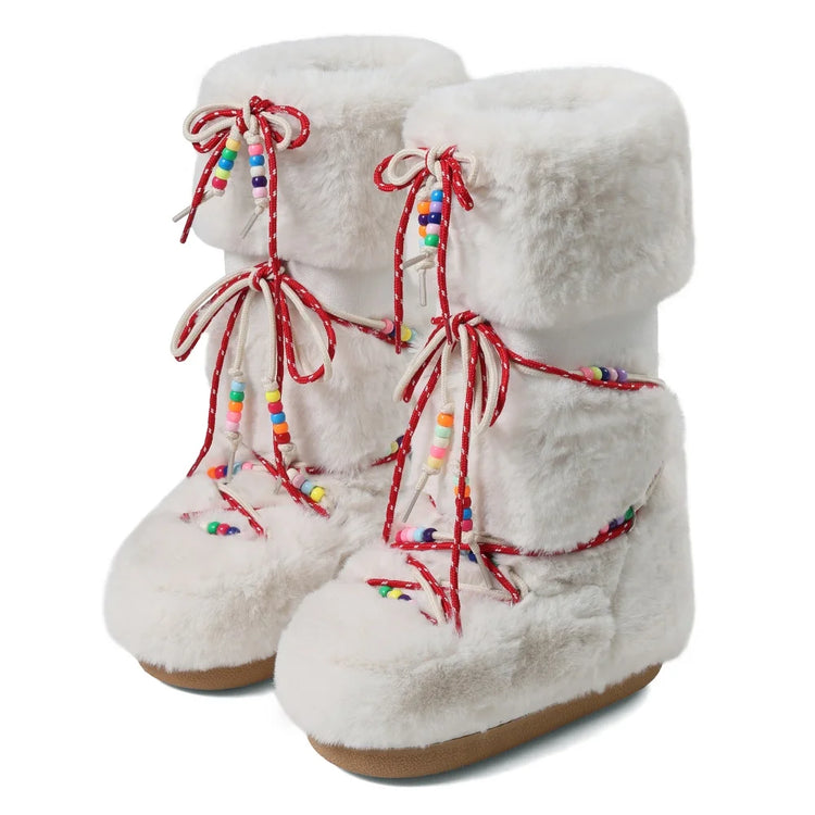Women Furry Boots Round Toe Flat Slip-on Winter Snow Warm Boots Women Faux Fur Fluffy Warm Boot Fashion Outdoor Mid-Calf Boots Winter Party Flat Shoes