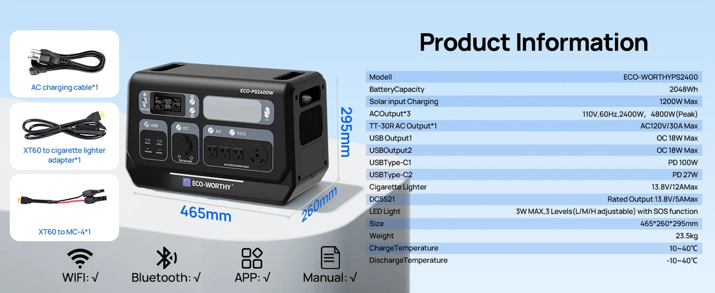 ECO-WORTHY PS 2400W Power Station 2048Wh LiFePO4 Battery, Solar Generator with 10 Outlets (4800W Peak) Wi-Fi and Bluetooth