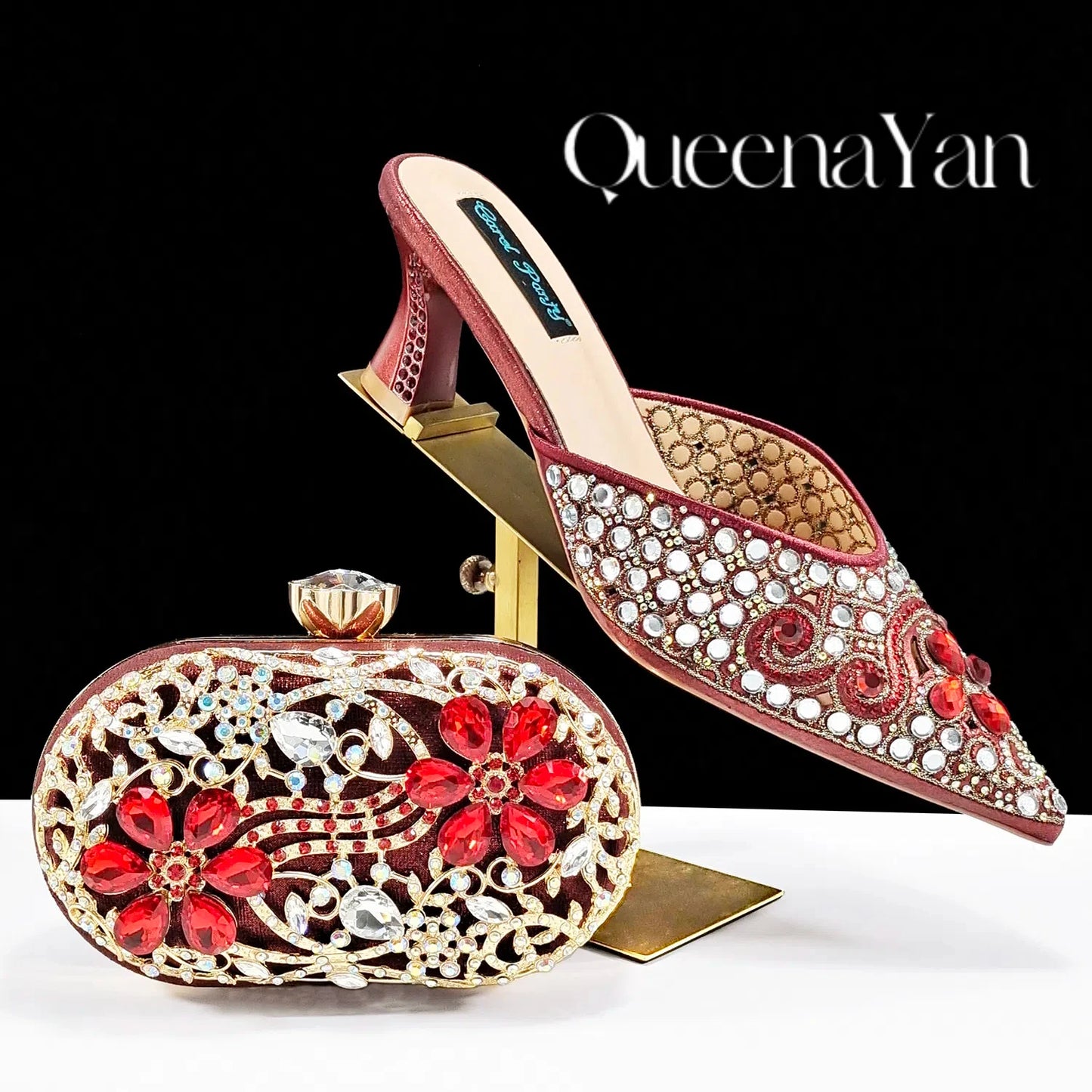 QUEENA YAN Luxury Pink Rhinestone Party Shoes and Clutch for Women- Elegant Crystal Heels with Matching Evening Bag