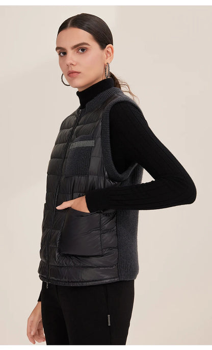 BD3521201 Goose Down Puffer Vest for Women 100% Cashmere Lightweight Warm Knit Panel Design Luxury