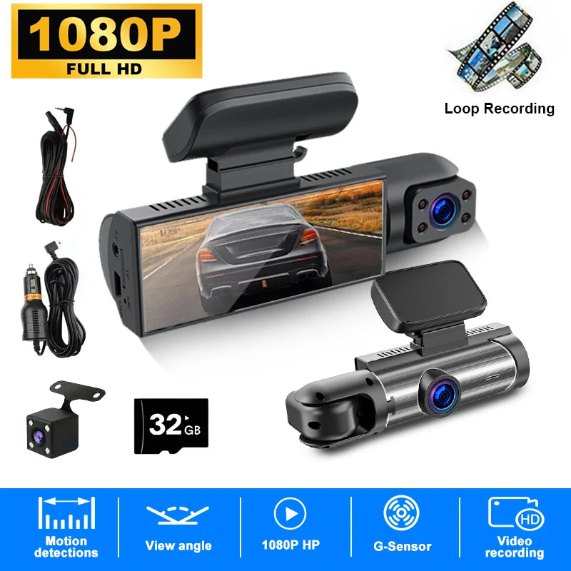 ZNLYRION Driving Recorder M8-32GB Full HD 1080P Car Dashcam Front+Interior Rear Camera 130° Wide Angle Night Vision G-Sensor Parking Monitor Car Driving Recorder