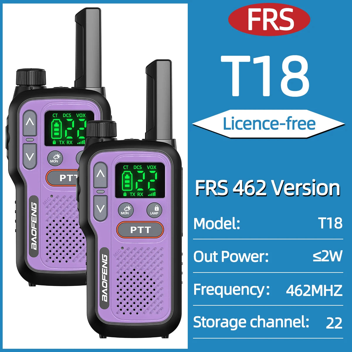 2pcs Baofeng T18 Mini Walkie Talkie Long Range PMR FRS Rechargable Portable Two Way Radio Type-C Charger VOX for Camping Trip