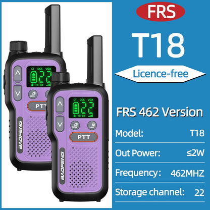 2pcs Baofeng T18 Mini Walkie Talkie Long Range PMR FRS Rechargable Portable Two Way Radio Type-C Charger VOX for Camping Trip