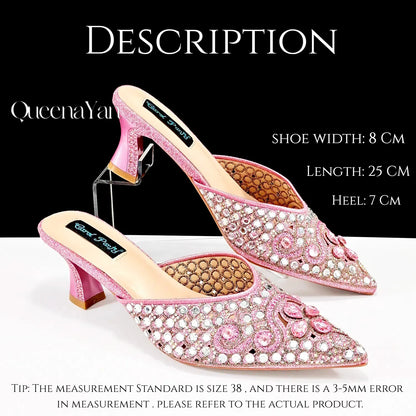 QUEENA YAN Luxury Pink Rhinestone Party Shoes and Clutch for Women- Elegant Crystal Heels with Matching Evening Bag
