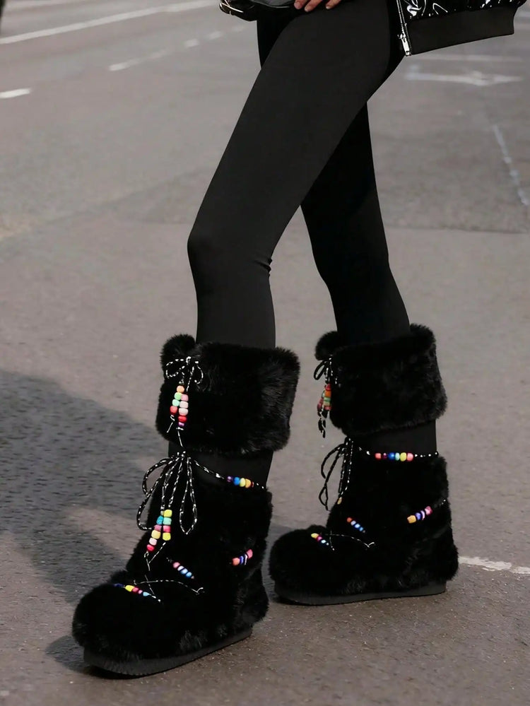 Women Furry Boots Round Toe Flat Slip-on Winter Snow Warm Boots Women Faux Fur Fluffy Warm Boot Fashion Outdoor Mid-Calf Boots Winter Party Flat Shoes