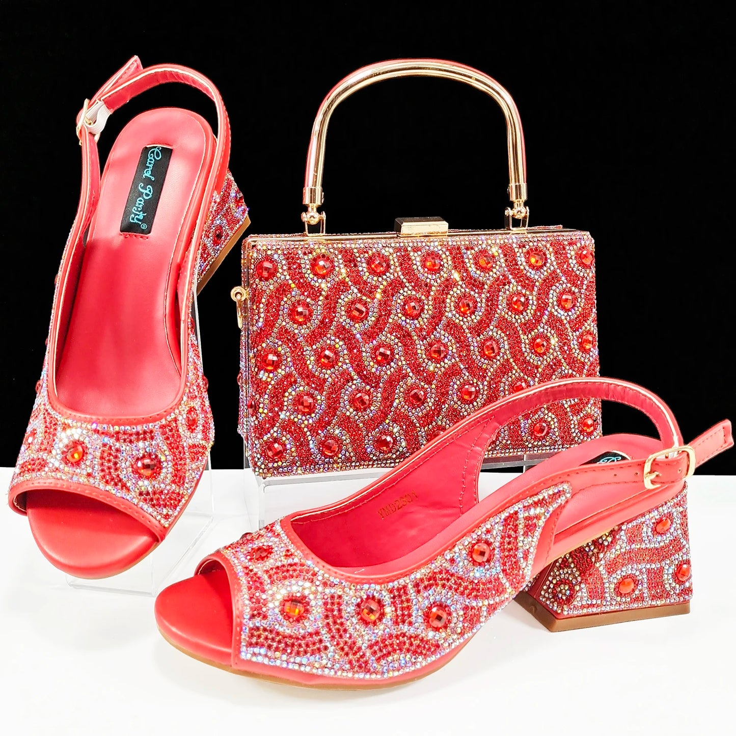Queena Yan Square Heel Shoes! Hand-held Three-Dimensional Bag and Shoes Set From the Same Series/Open Toe Shoes and Evening Bag