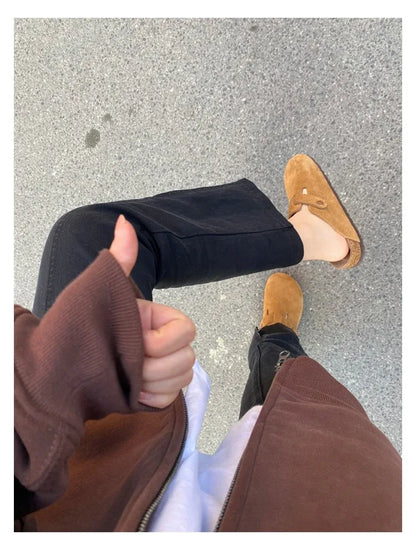 Women Men Suede Leather Clogs Adjustable Buckle Cork Footbed Non-slip Casual Mules Slippers