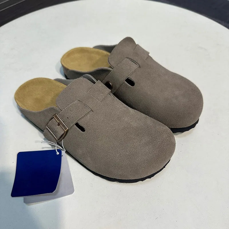 Women Men Suede Leather Clogs Adjustable Buckle Cork Footbed Non-slip Casual Mules Slippers