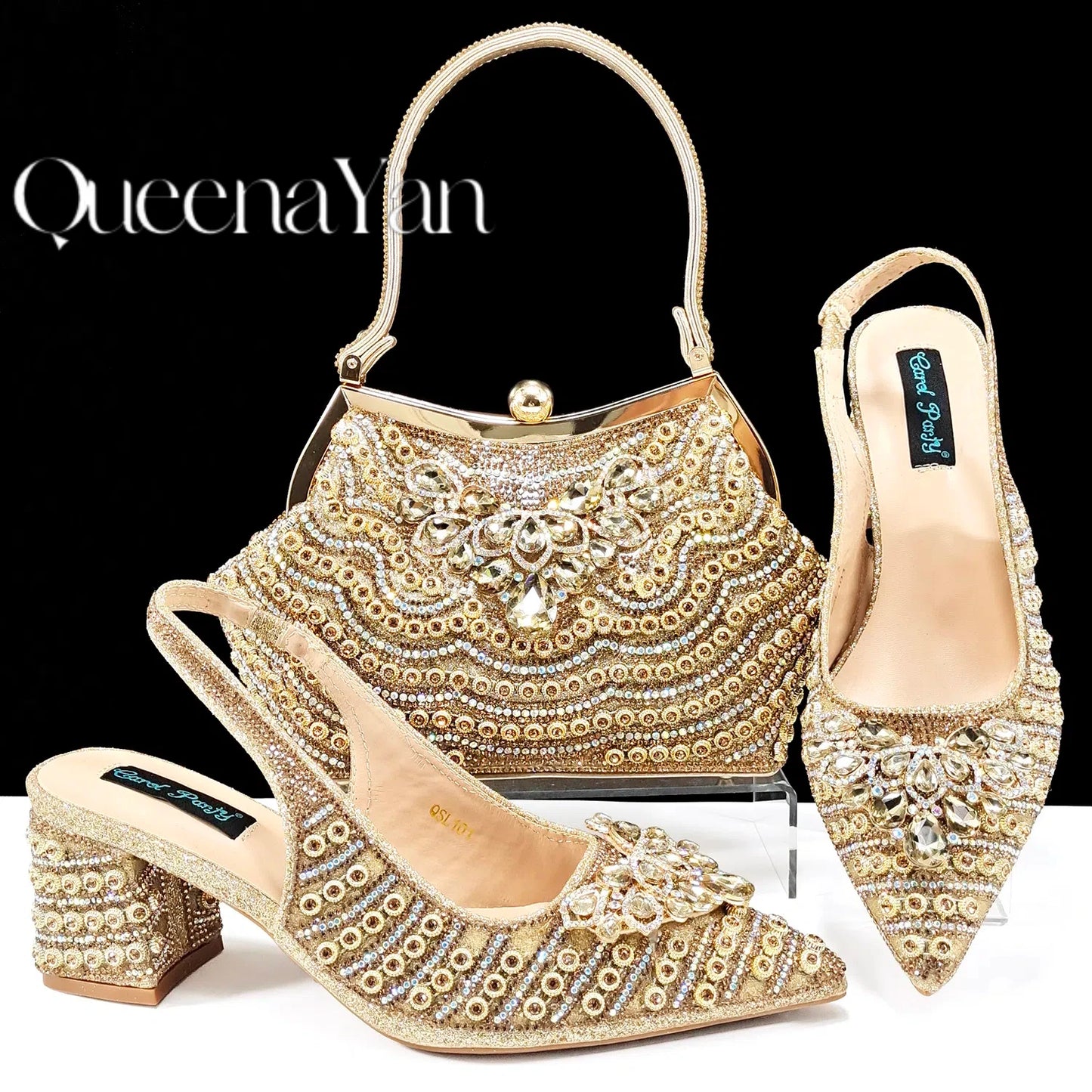 QUEENA Yan  Dazzling Dreams: Full Rhinestone High Heels and Coordinated Bag for Timeless Style
