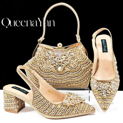 QUEENA Yan  Dazzling Dreams: Full Rhinestone High Heels and Coordinated Bag for Timeless Style