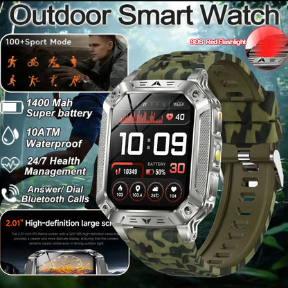 2026 New Military Grade 1400mAh Sports Smart Watch 10ATM Waterproof Flashlight Heart Rate Bluetooth Call Outdoor Smartwatch Men