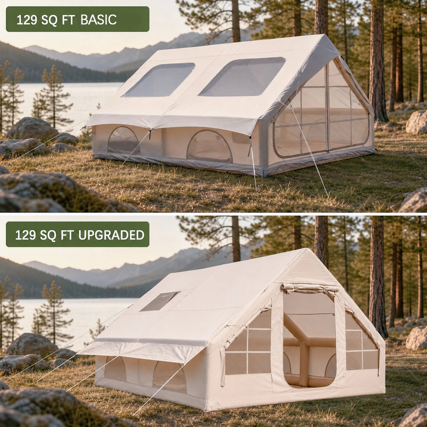 Large Luxury Inflatable Glamping Tent with Manual Hand Pump and Storage Bag, Easy Setup 4-Season Weatherproof Anti-Snow Family Air Tent for Outdoor Camping, Hiking, Backyard Parties and Wilderness Adventures