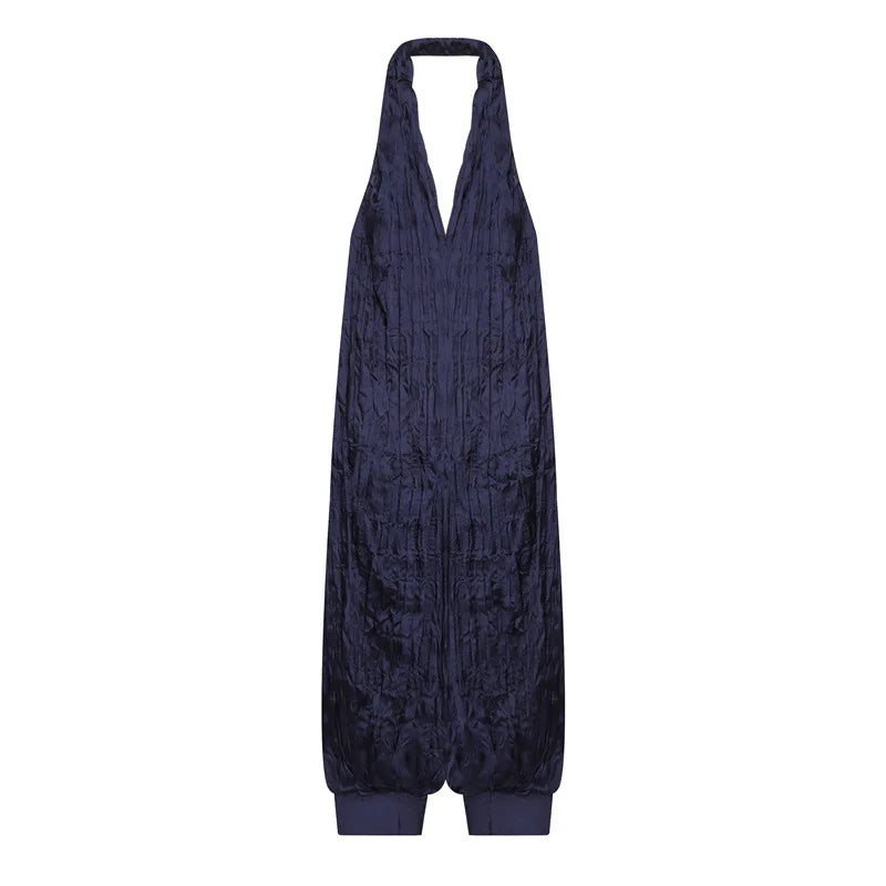 Women Deep V Halter Jumpsuits Summer Pleated Loose Backless Long Pants Rompers Casual Beach Party Sleeveless Overalls Vestidos